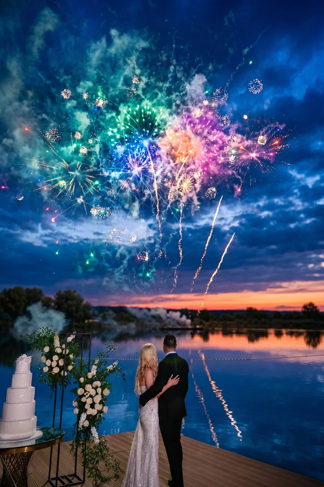 Miri privind artificiile colorate deasupra lacului, lângă tortul de nuntă